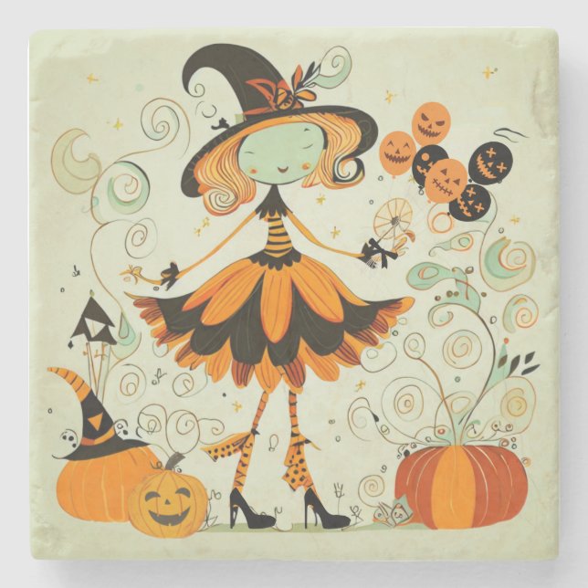 whimsical/witch/pumpkin/fall stone coaster (Front)