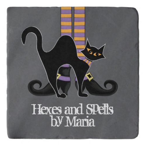 Whimsical Witch Shoes Black Cat Cute Halloween Trivet