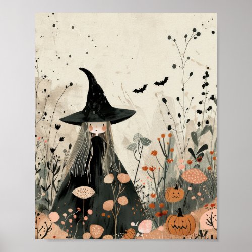 Whimsical Witch Watercolor Halloween Nursery Poster