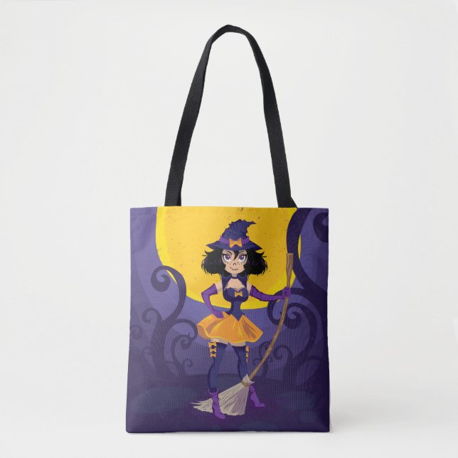 Whimsical Witch with Broomstick and the moon Tote Bag (Front)