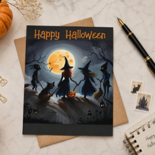 Whimsical Witches Black Cats Full Moon Vintage Postcard