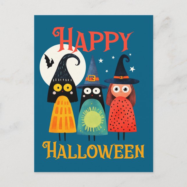 Whimsical Witches Colorful Happy Halloween Postcard (Front)