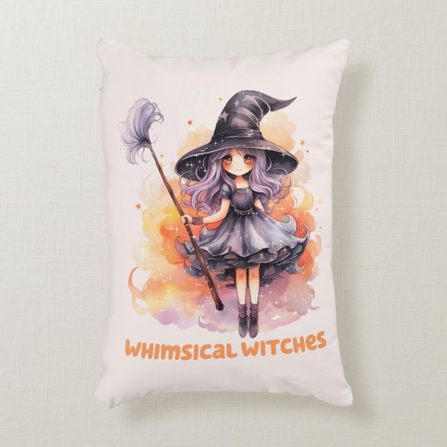 Whimsical Witches – Cute Halloween Witch Accent Pillow (Front(Vertical))