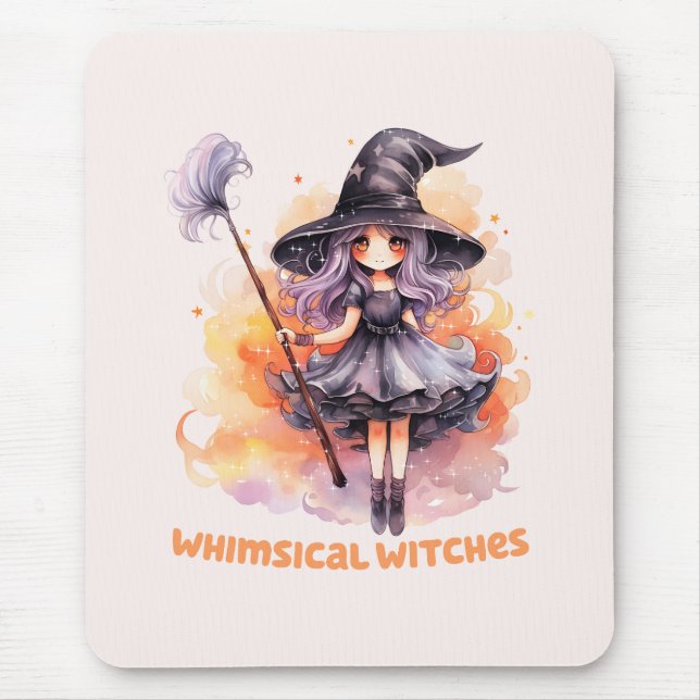 Whimsical Witches – Cute Halloween Witch Mouse Pad (Front)
