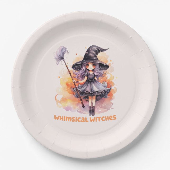Whimsical Witches – Cute Halloween Witch Paper Plates (Front)