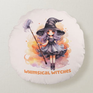 Whimsical Witches – Cute Halloween Witch Round Pillow