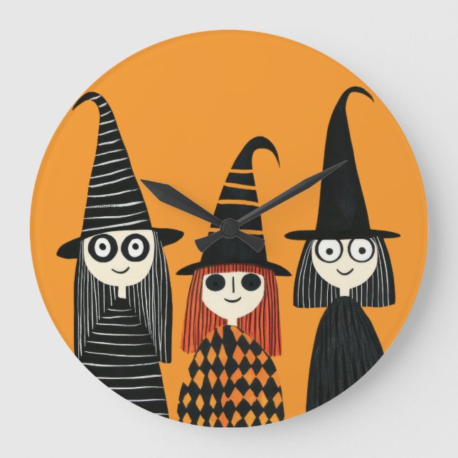 Whimsical Witches Spooky Cute Halloween Large Clock (Front)