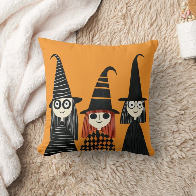 Whimsical Witches Spooky Cute Halloween Throw Pillow (Blanket)