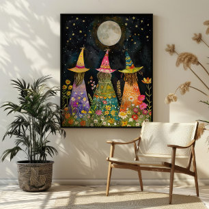 Whimsical Witches Under Fullmoon Colorful Art Poster