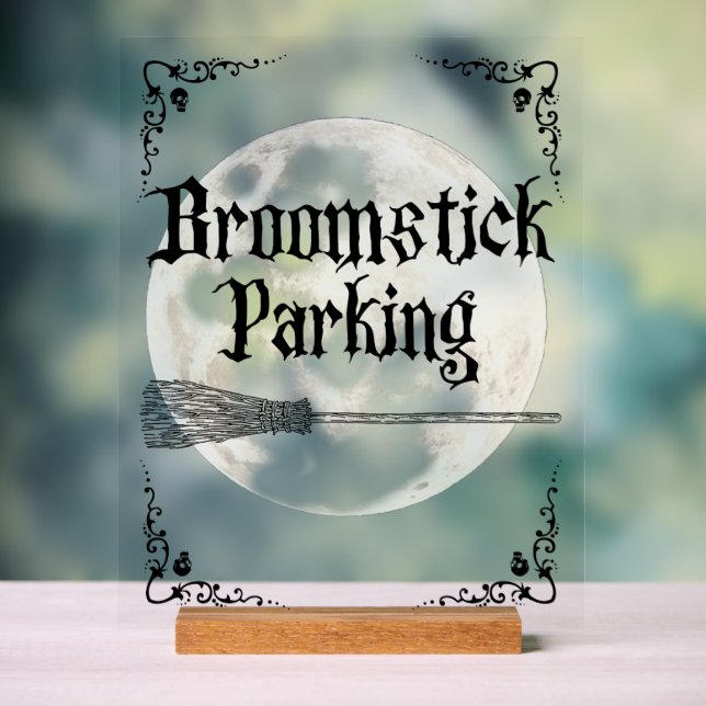Whimsical Witchy Full Moon Broomstick Parking Acrylic Sign (Neutral)