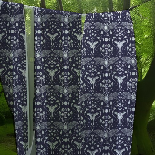 Whimsical Witchy Wicca Bat Moth Moon Mushroom Blue Fabric