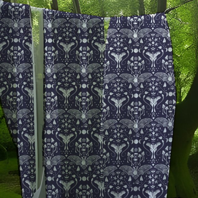 Whimsical Witchy Wicca Bat Moth Moon Mushroom Blue Fabric (Whimsical Witchy Fabric pattern with Wicca elements of Bat Moth Moon and Mushroom dark blue & cream)