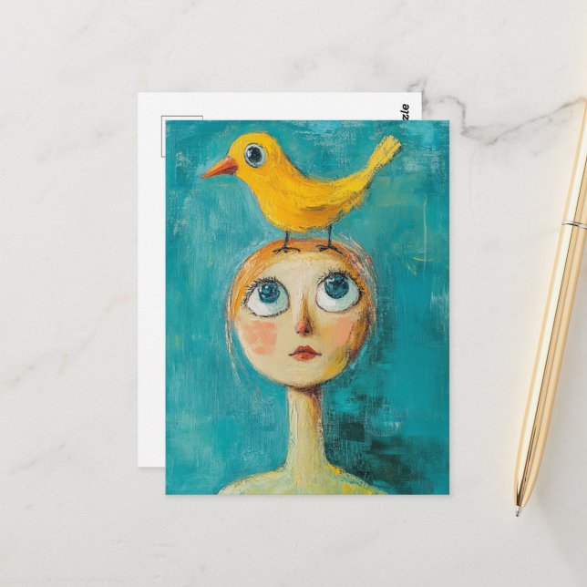 Whimsical Woman with yellow bird on her head Postcard (Front/Back In Situ)