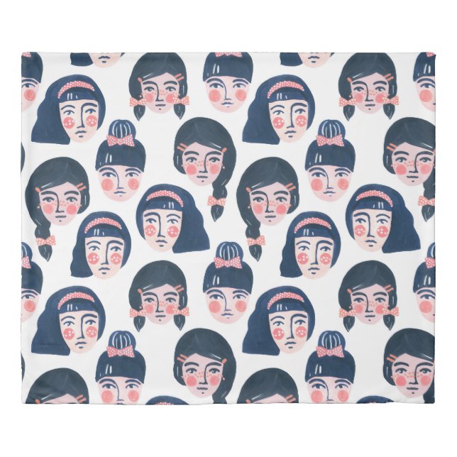 Whimsical Women: Cartoon Face Art Duvet Cover (Front)