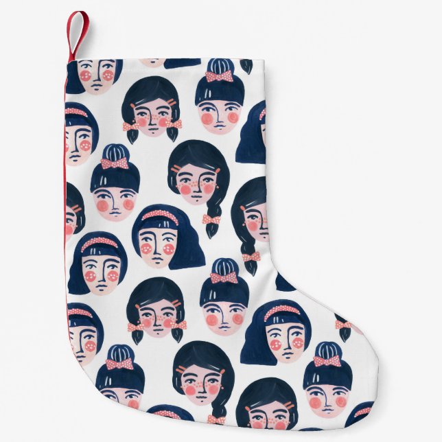 Whimsical Women: Cartoon Face Art Small Christmas Stocking (Front)