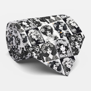 Whimsical Women in Black and White Neck Tie