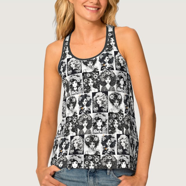 Whimsical Women in Black and White Tank Top (Front)