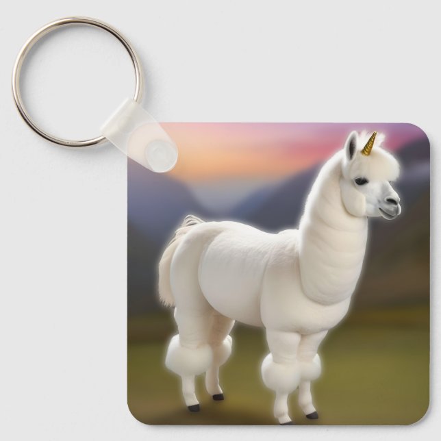 "Whimsical Wonder: White Pom-Pom Alpaca Unicorn" Keychain (Front)