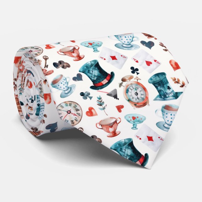Whimsical Wonderland Tea Party Pattern Neck Tie (Rolled)