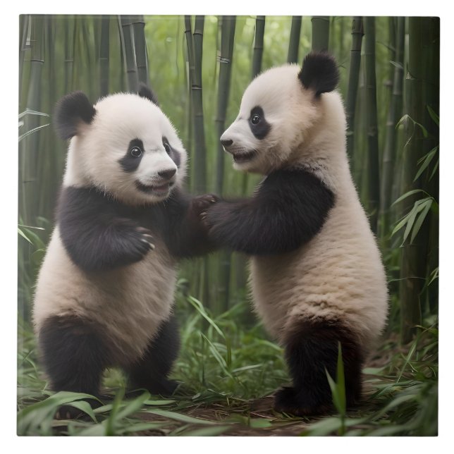 Whimsical Wonders: Baby Pandas Play in Forest Ceramic Tile (Front)