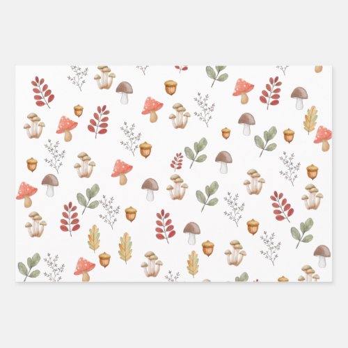 Whimsical Woodland Acorn Leaves Mushroom Wrapping Paper Sheets