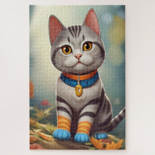 Whimsical Woodland America Shorthair Cat  Jigsaw Puzzle