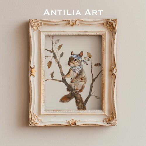 Whimsical Woodland Animal Painting Rustic Squirrel Poster