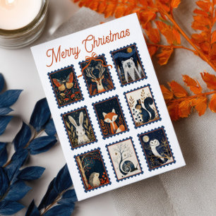 Whimsical Woodland Animal Stamps Merry Christmas Postcard