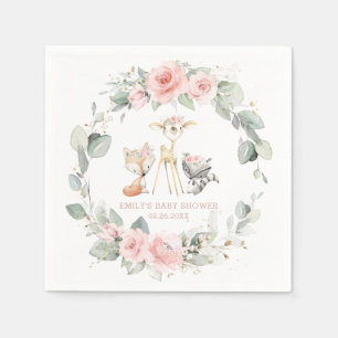 Whimsical Woodland Animals Baby Shower Pink Floral Napkins