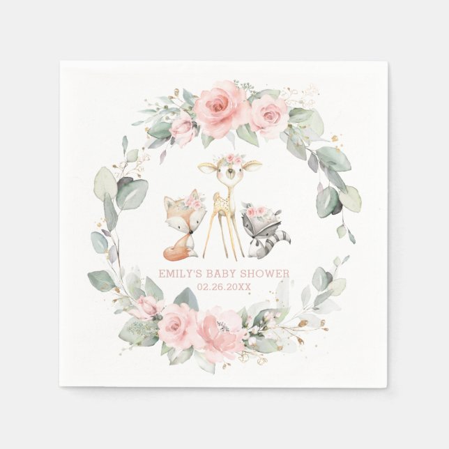 Whimsical Woodland Animals Baby Shower Pink Floral Napkins (Front)