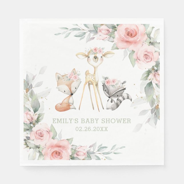 Whimsical Woodland Animals Baby Shower Pink Floral Napkins (Front)