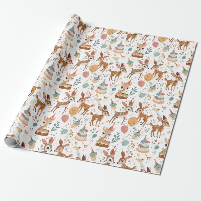 Whimsical Woodland Animals Birthday Wrapping Paper (Unrolled)