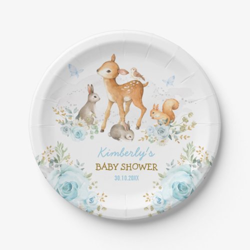 Whimsical Woodland Animals Blue Gold Floral Forest Paper Plates