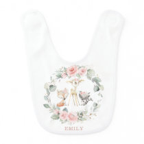 Whimsical Woodland Animals Blush Pink Floral Girl Baby Bib Whimsical Woodland Animals Blush Pink Floral Girl Baby Bib