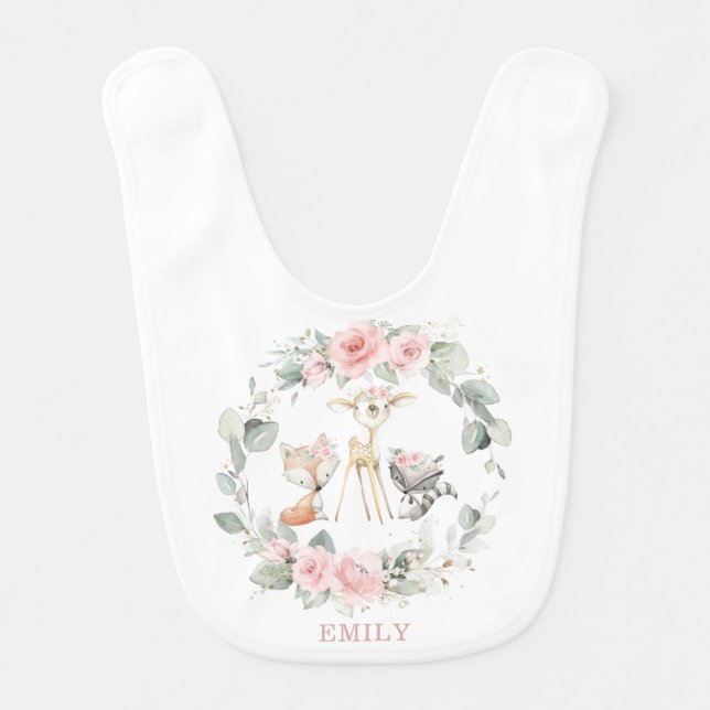 Whimsical Woodland Animals Blush Pink Floral Girl Baby Bib (Front)