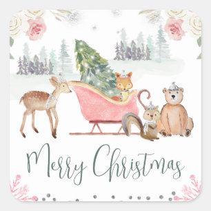 Whimsical Woodland Animals Christmas Sleigh Square Sticker