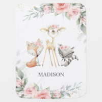 Whimsical Woodland Animals Deer Soft Pink Floral Baby Blanket