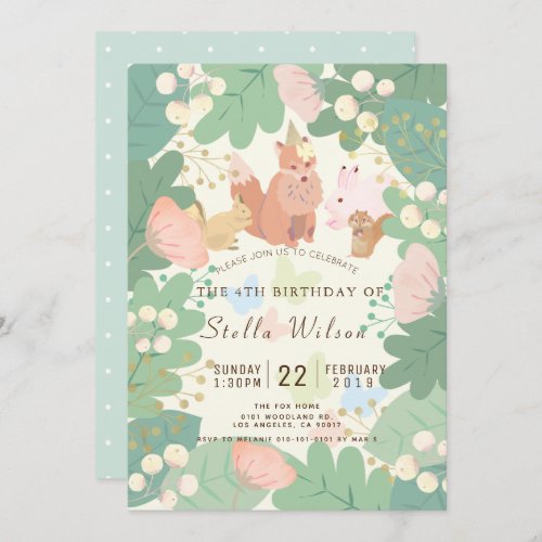 Whimsical Woodland Animals Floral Foliage Birthday Invitation