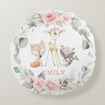 Whimsical Woodland Animals Floral Greenery Wreath Round Pillow