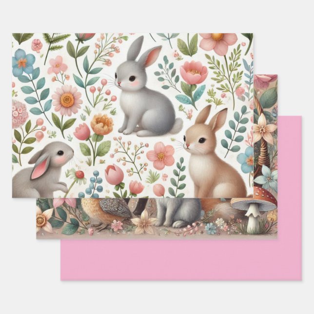 Whimsical Woodland Animals Floral  Wrapping Paper Sheets (Set)