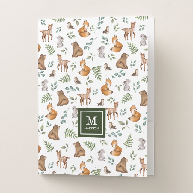 Whimsical Woodland Animals Forest Greenery Pattern Pocket Folder (Front)