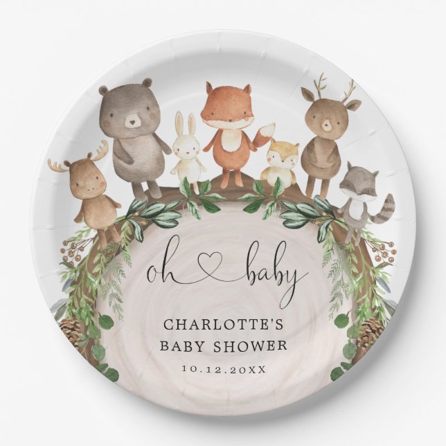 Whimsical Woodland Animals Forest Greenery Shower Paper Plates (Front)