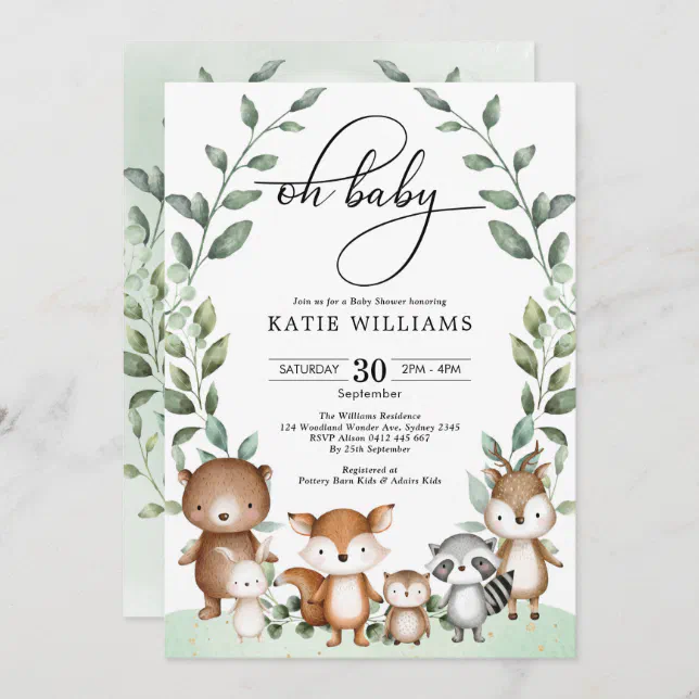 Whimsical Woodland Animals Greenery Baby Shower Invitation | Zazzle