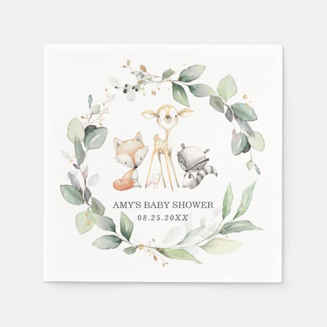 Whimsical Woodland Animals Greenery Baby Shower Napkins (Front)