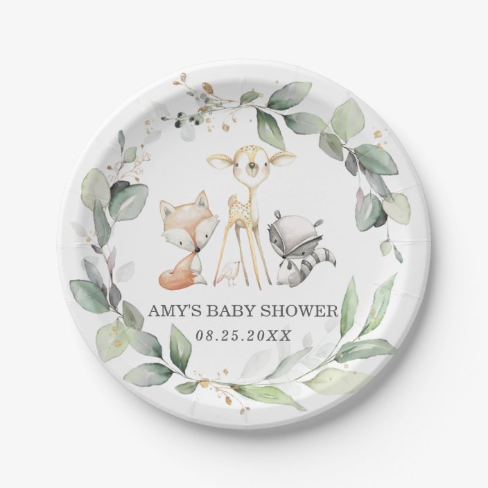 Whimsical Woodland Animals Greenery Baby Shower Paper Plate | Zazzle.com