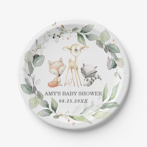 Whimsical Woodland Animals Greenery Baby Shower Paper Plates