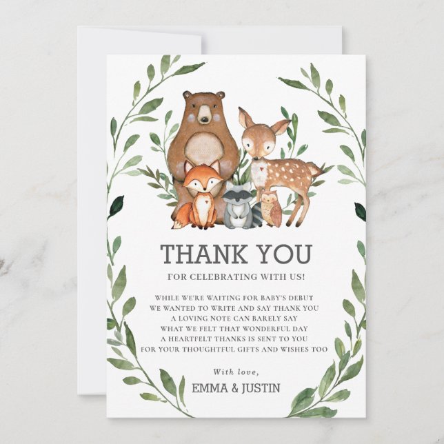 Whimsical Woodland Animals Greenery Baby Shower Thank You Card (Front)