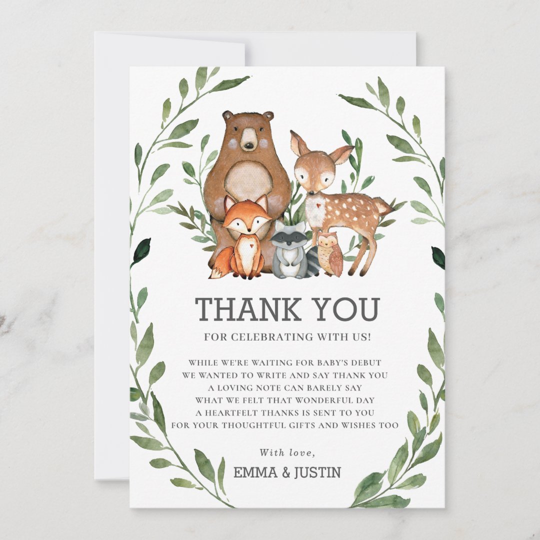 Whimsical Woodland Animals Greenery Baby Shower Thank You Card | Zazzle