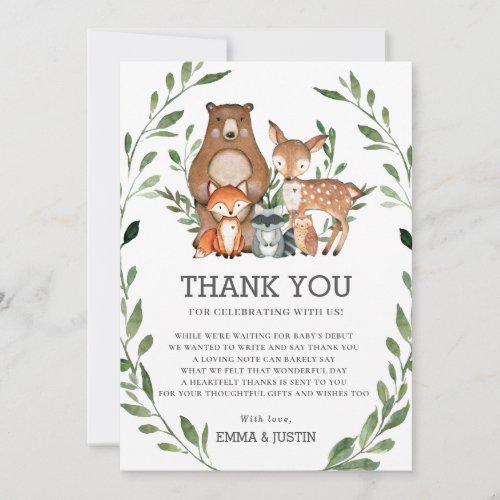 Whimsical Woodland Animals Greenery Baby Shower Thank You Card