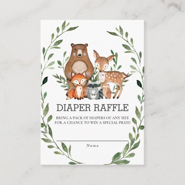 Whimsical Woodland Animals Greenery Diaper Raffle Enclosure Card (Front)
